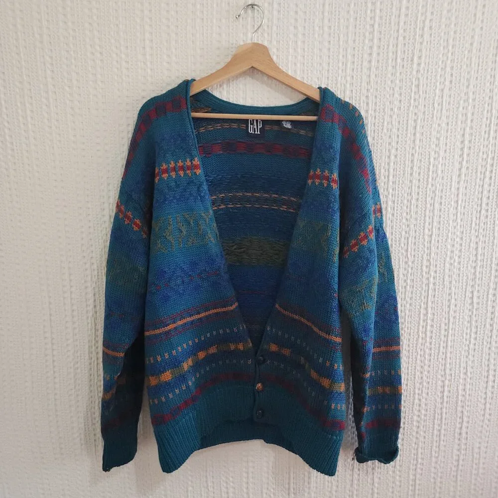 GAP Teal Multicolor Patterned Men's Cardigan